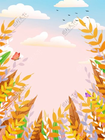 芒种节气麦穗树叶背景设计