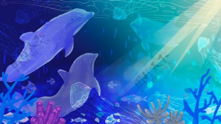 炫彩海底流水母海豚背景设计