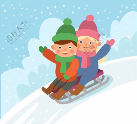 卡通玩雪橇的2个孩子