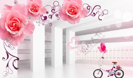 玫瑰花花纹单车空间背景墙