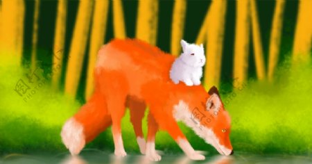 林间散步的狐狸与兔子