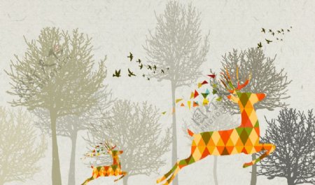 奔跑中的小鹿在树林中陪着飞鸟