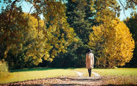 秋天公园里散步的女人