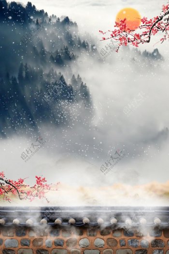 秋季中国风复古云雾海报