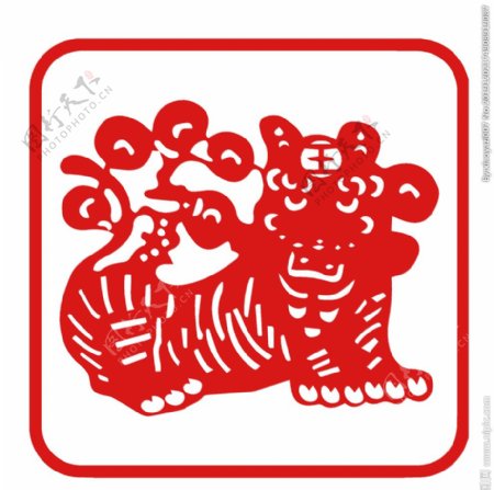 12生肖老虎剪纸红色年画素材