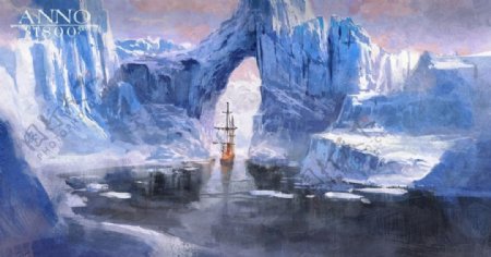 彩色风景冰山帆船插画