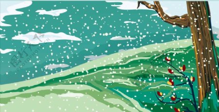 下雪插画雪景树草地唯美卡通设计