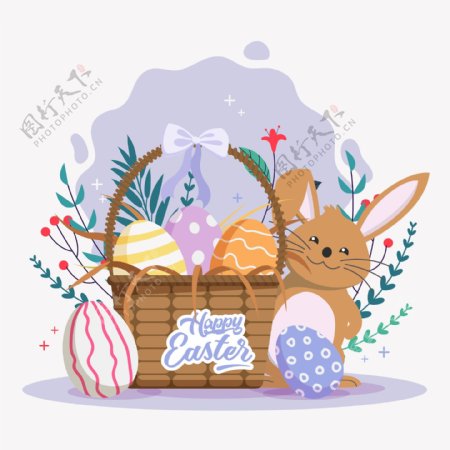 可爱复活节彩蛋篮子和兔子