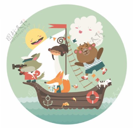 海盗船北欧森系动物插画