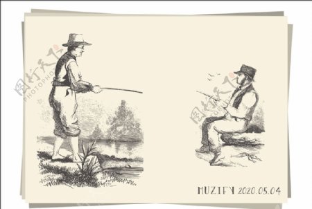 两个钓鱼的男子素描画