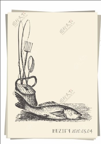 垂钓工具与鱼素描画
