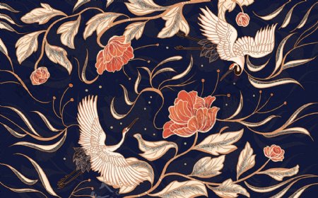 花朵鹤刺绣古风复古背景素材