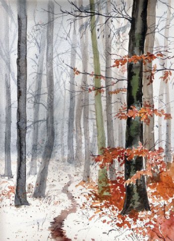 冬季树林街道风景油画