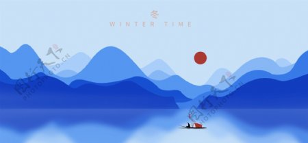 冬季蓝色山水国风插画卡通背景