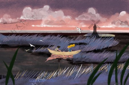 湖边少女水彩国风插画卡通背景