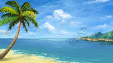 海洋沙滩清新传统国风插画素材