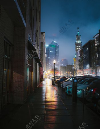 夜晚街道城市建筑道路背景素材