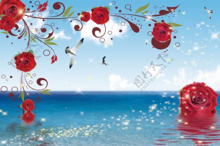 海水红玫瑰海鸥大海