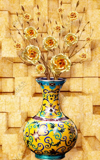 青花瓷花瓶金色玫瑰花