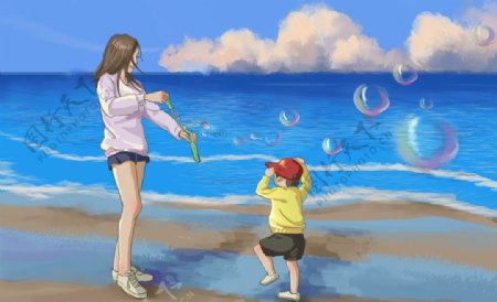 海边玩耍的母子漫画海报