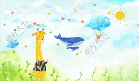 儿童卡通长颈鹿气球背景墙图片