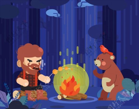 烤火的男子和棕熊图片