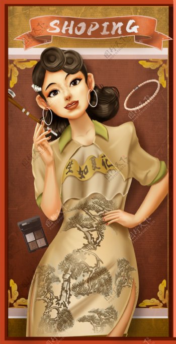 国潮插画老上海女人海报图片