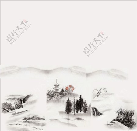 山树山水画中国风塔图片