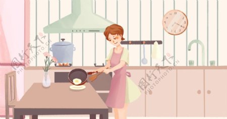 人物女性做饭插画卡通背景素材图片