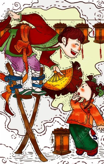 踩高跷传统人物插画背景海报素材图片