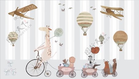 卡通热气球自行车飞机背景图片