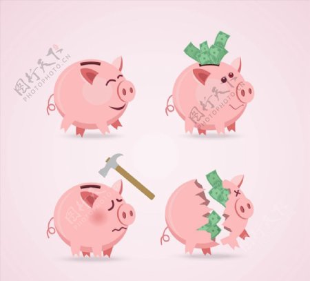 粉色猪存钱罐矢量图片