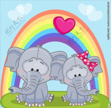 手绘卡通大象和彩虹图片